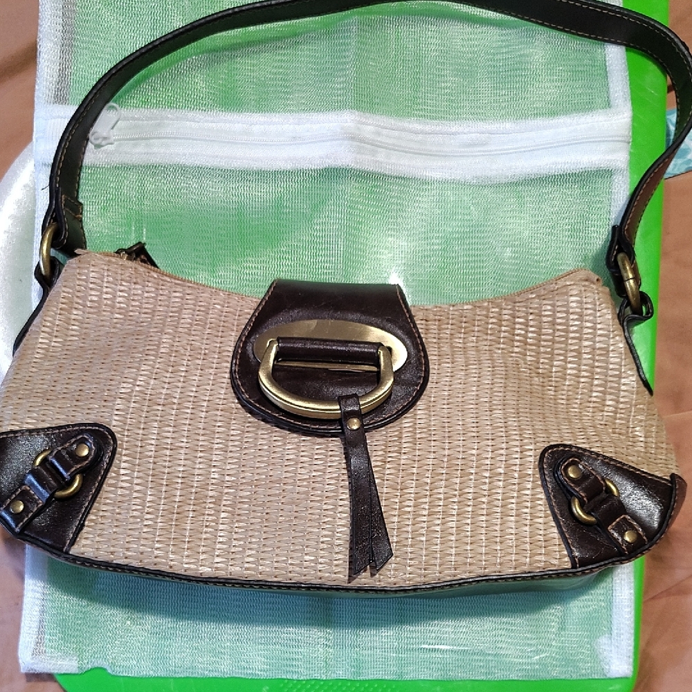 Woven Beige Straw Shoulder Bag with Dark Brown Trim